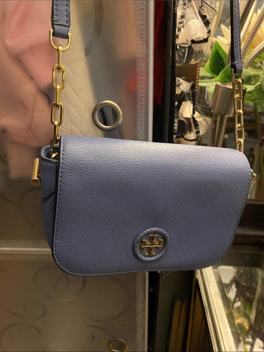 Tory Burch Peri Blue Leather Chain-Trim Crossbody